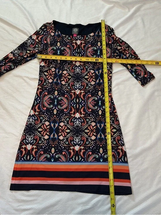 Patterned Navy Midi Dress with Coral and Blue Accents - Picture 3 of 5